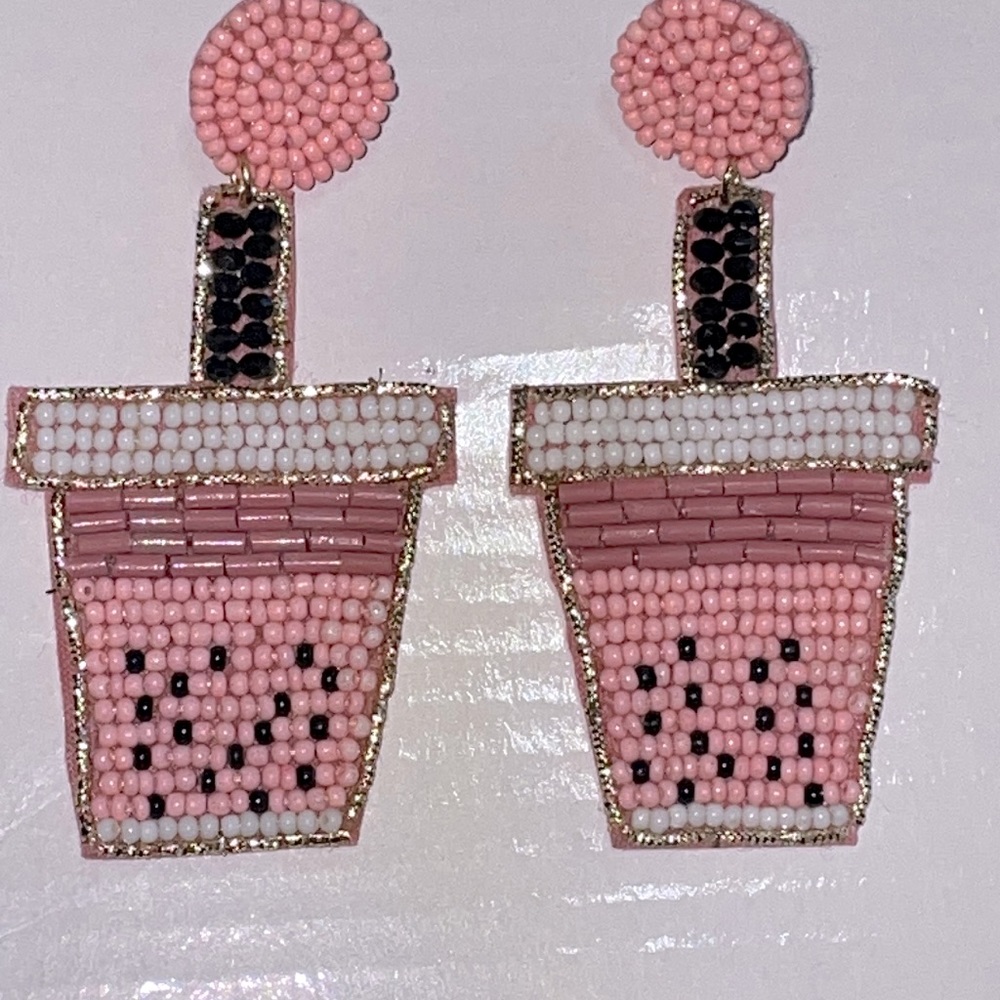 🎉💕 Pink Multicolor Boba Tea Beaded  Earrings